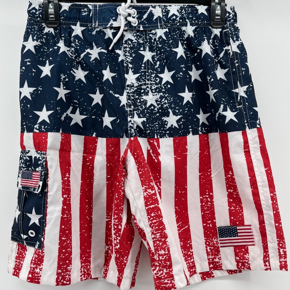 Canyon Creek Swim Trunks, Boys Sz 18, Red White Blue, American Flag Board Shorts